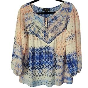 AGB Womens Blouse Blue Peach Geometric Ikat Smocked Back L